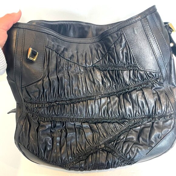 Burberry Black Lambskin Leather Pleated Hobo Bag Gold Hardware Detachable Strap - Picture 7 of 16